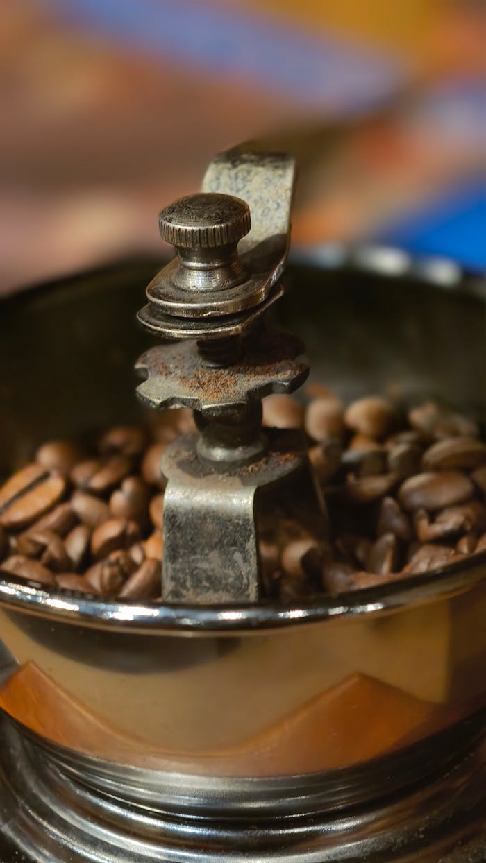 services-04 Close-up of a vintage coffee grinder filled with coffee beans, highlighting rustic details.